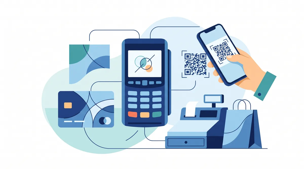 Платёжный терминал, банковская карта, смартфон с QR-кодом и касса — приём безналичных платежей в торговой точке